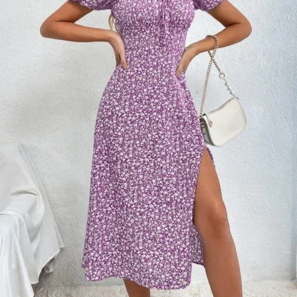 Shein Dress 6 Medium Lilac Purple Pink Floral Long Midi Puffy Short Sleeve Slit - Picture 5 of 5